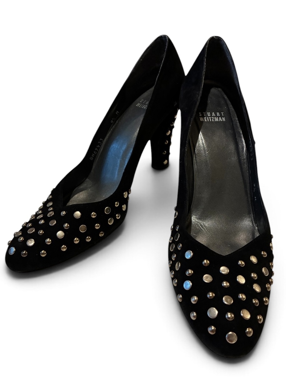 Stuart Weitzman metal studded black suede pumps. Excellent condition. Sz 9.5.